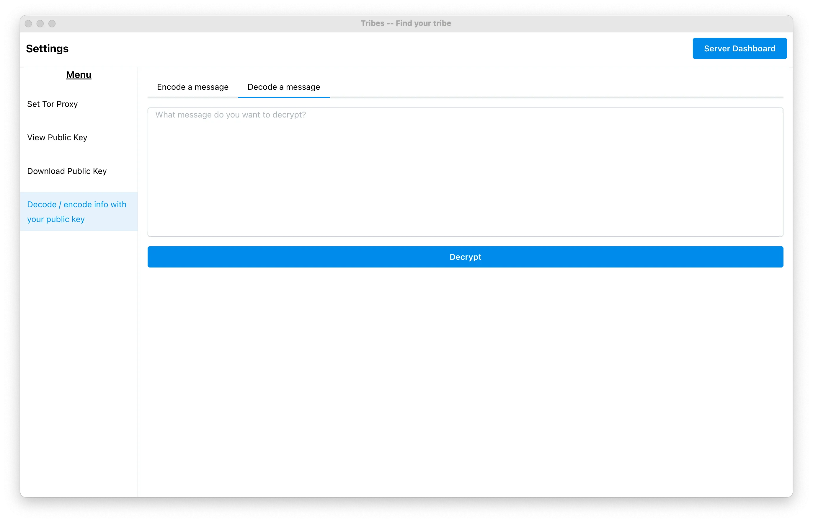 Screenshot of the Tribes client decoding a PGP message