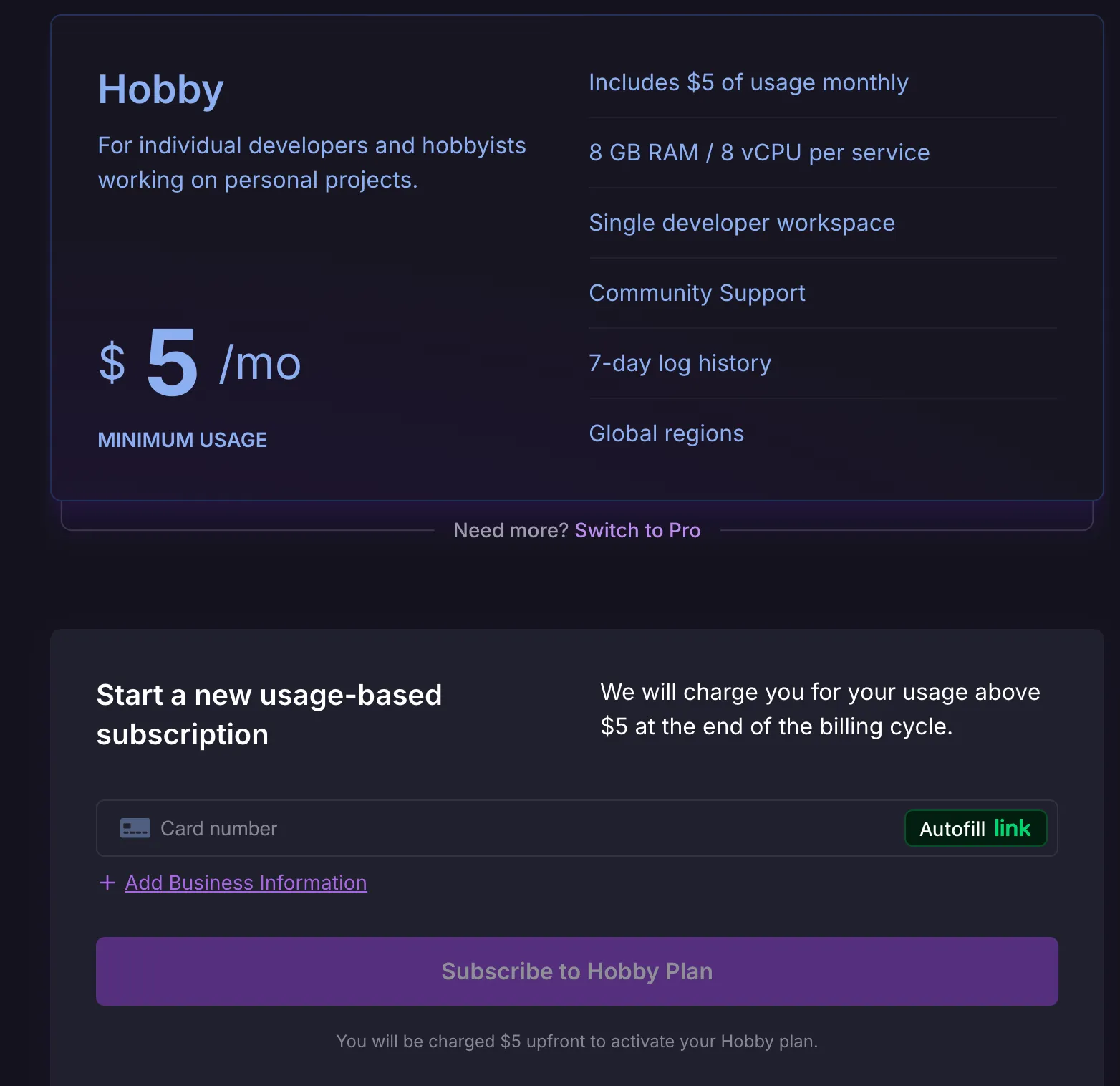 A screenshot of the hobby plan for Railway